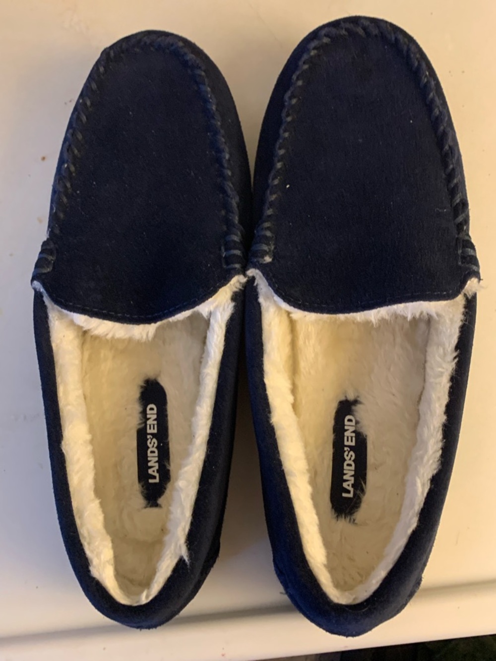 Lands' End Navy Moccasin Slippers with Cream Shearling Lining 8M